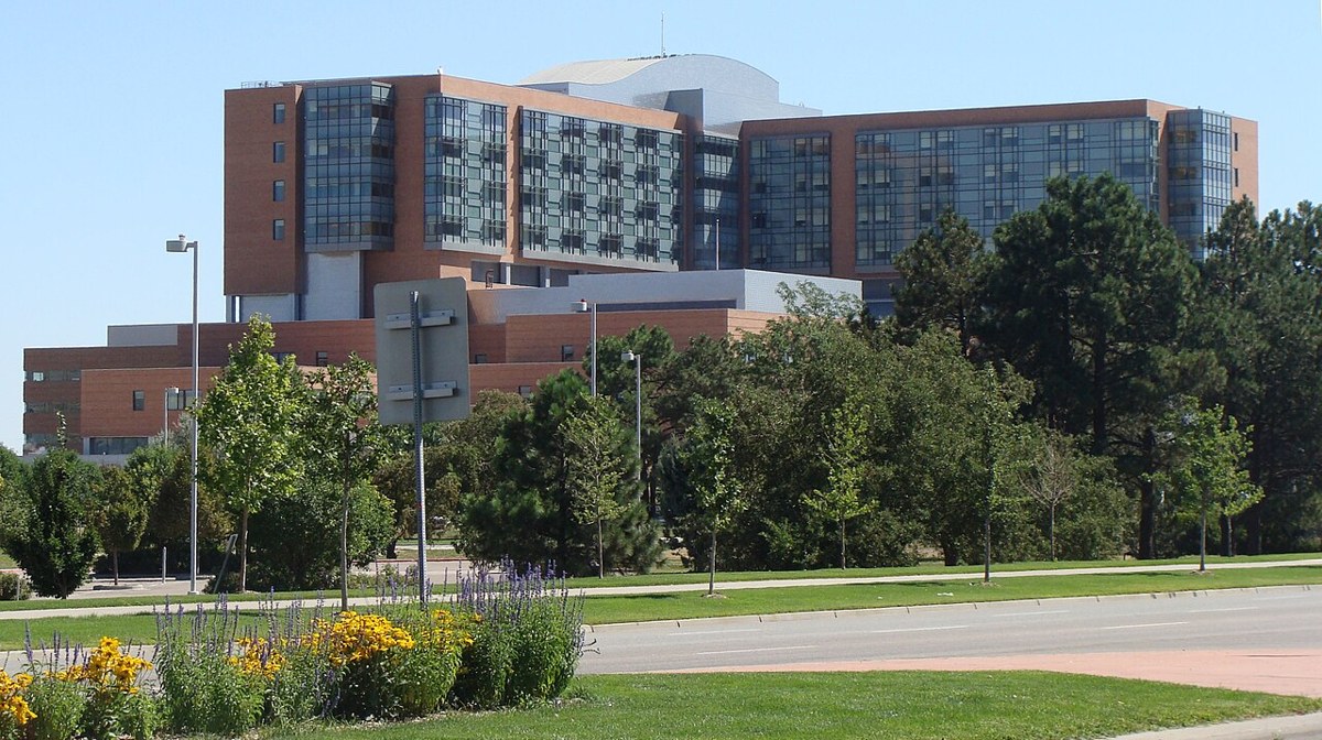 Brick and glass hospital building on the Anschutz Medical Campus in Aurora, Colorado
